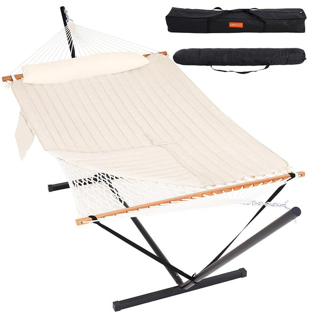 Lazy Daze Hammocks 2 Person Portable Hammock with 12FT Stand, Double Hand Woven Cotton Rope Hammock with Detachable Quilted Pad & Pillow for Outside, 450lb Capacity, Natural
