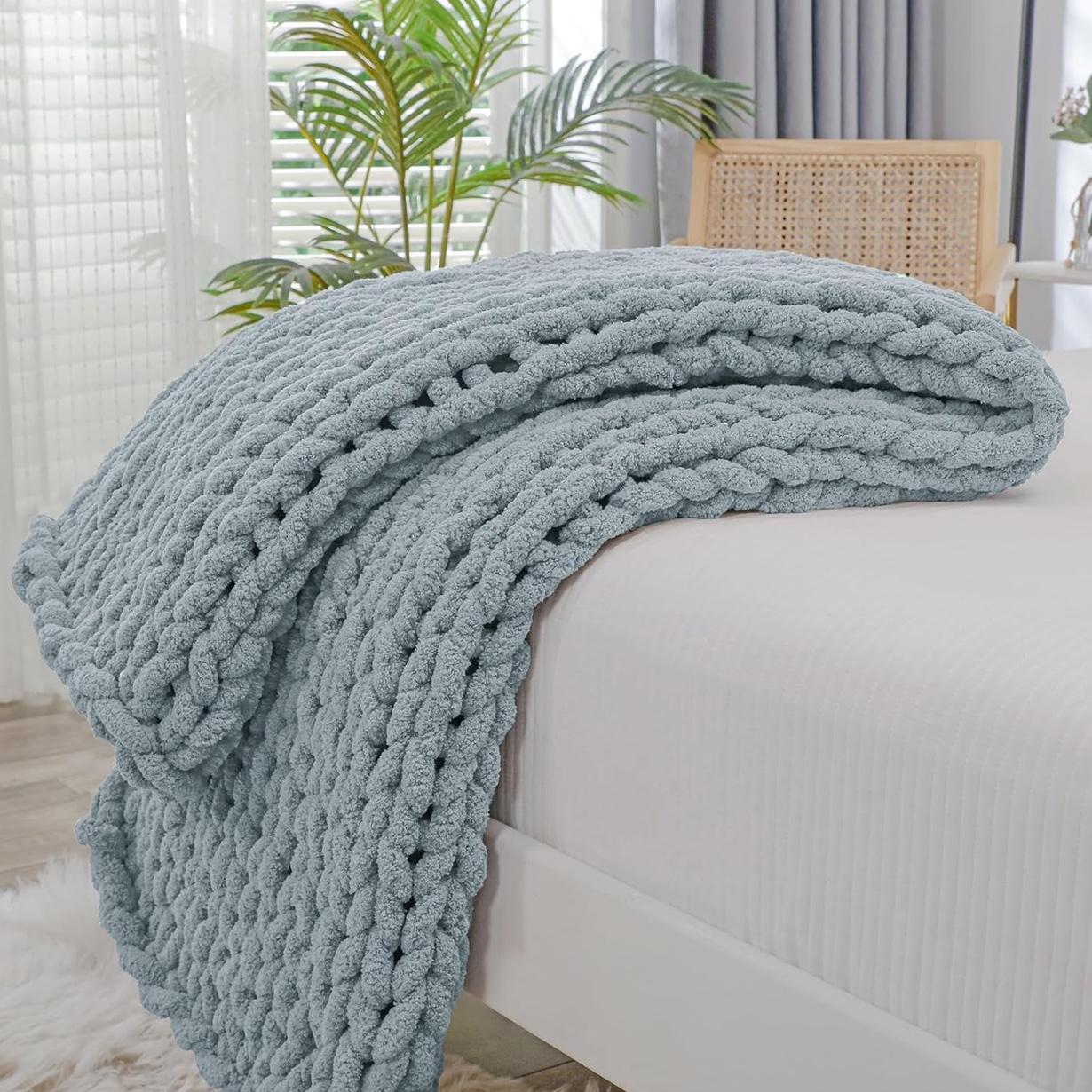Bigacogo Chunky Knit Throw Blanket for Couch, 40x60 inches, 100% Hand Knitted with Thick Jumbo Chenille Yarn, Cozy Soft Large Rope Knot Cable Crochet Blankets for Sofa Bed Living Room, Dusty Blue