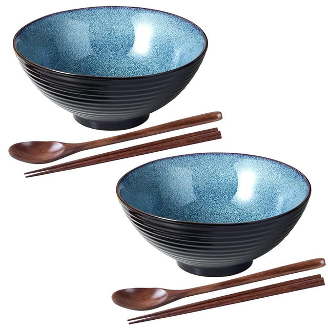 HOKELER Ceramic Japanese Ramen Bowl Set, 2 Sets 8 inch 40 Ounce Asian Pho Udon Noodle Bowls with Spoons and Chopsticks (Starry Blue)