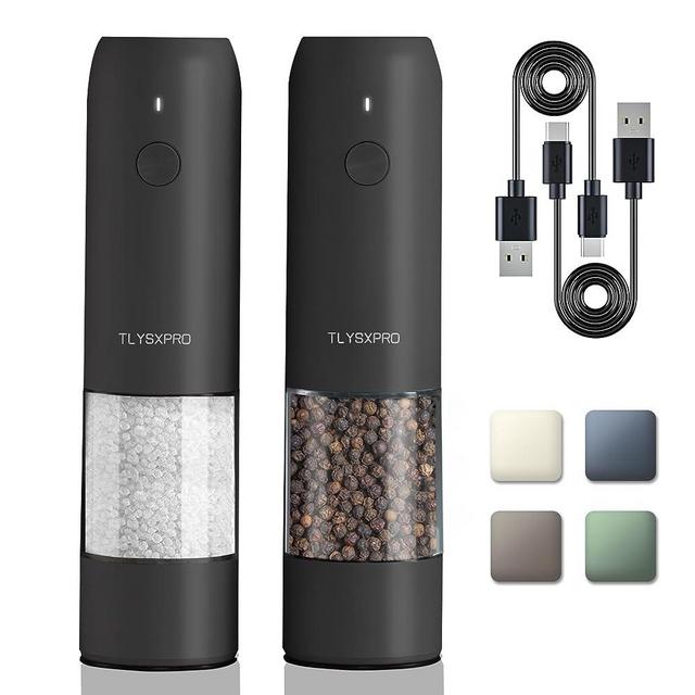 Electric Salt and Pepper Grinder Set, USB Rechargeable, Automatic Salt and Pepper Mill Grinder with Adjustable Coarseness, Electric Salt Shakers, LED Light, Refillable (2 Packs, Black)