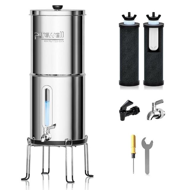 Purewell 2.25G Gravity Water Filter System with Water Level Window, 3-Stage 0.01μm Ultra-Filtration Stainless Steel Countertop System with 2 Filters and Stand, Reduce 99% Chlorine, PW-KS