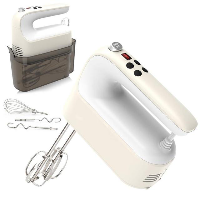 Yomelo 9-Speed Digital Hand Mixer Electric, 400W Powerful DC Motor, Baking Mixer Handheld with Snap-On Storage Case, 5 Stainless Steel Accessories, Flat Beaters, Dough Hooks, Whisk (Cream White)