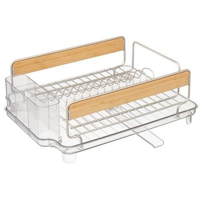 mDesign Large Dish Drying Rack with Swivel Spout, 3 Pieces - Satin/Bamboo/Clear