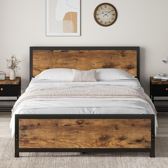 IMMERSTABLE Queen Bed Frame with Headboard, Metal Bed Frame Queen Size with Rustic Wooden Footboard, Queen Size Bed Frame No Box Spring Needed, Noise-Free, Easy Assembly, Rustic Brown
