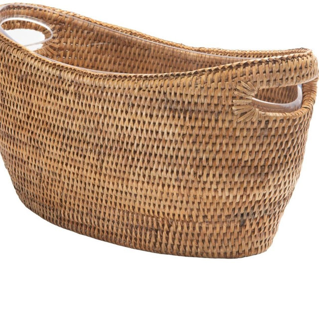 Kouboo La Jolla Oblong Acrylic Party Ice Bucket in Rattan Basket, Cooler for Wine, Beer, Softdrinks and Juice. Beverage Tub with 2.75 Gallon Capacity