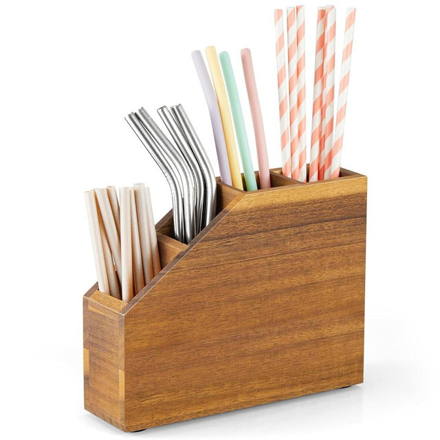 BWODYAY Straw Holder, Acacia Wood Straws Organizer, Cupboard Reusable Straws Dispenser for Kitchen Counter