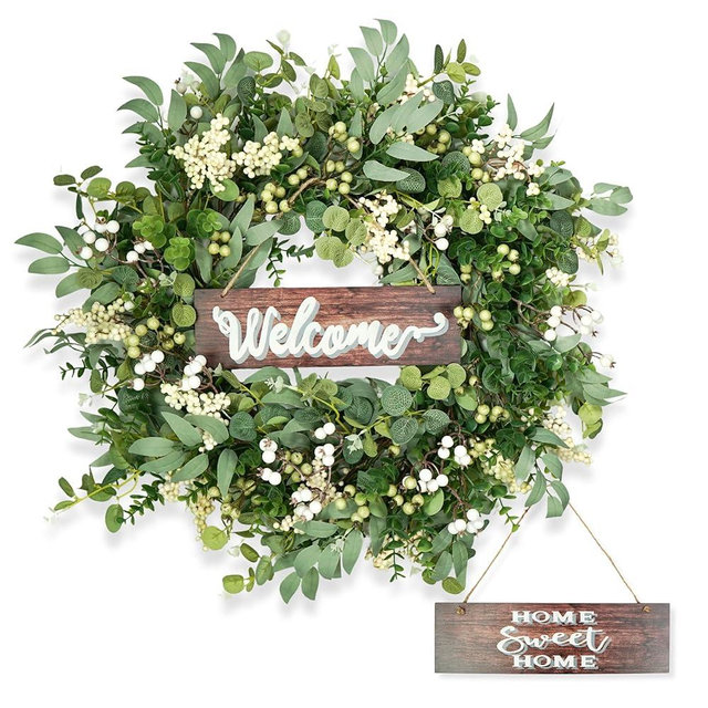 Artificial Eucalyptus Leaf, Boxwood Wreath with Berries, 24 Inches, Indoor/Outdoor, Winter Spring Summer Fall Green/White, with Reversible Welcome/Home Sweet Home Sign