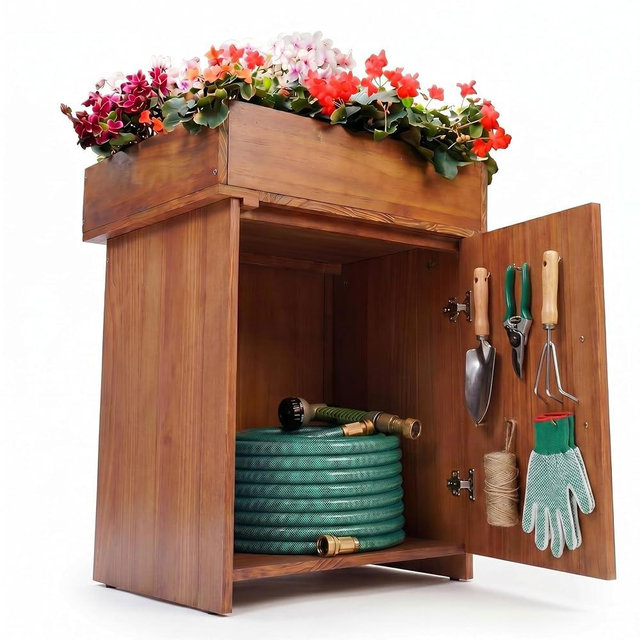AceOrbit 2 in 1 Wood Hidden Hose Storage with Planter Box, Outdoor Decorative Flower Box with Storage Cabinet Holds up to 200 Feet of 5/8 Inch Hose for Patio, Porch & Garden Space-saving Decor