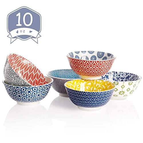 Amazingware Porcelain Bowls - 10 Ounce for Ice Cream Dessert, Small Side Dishes, Set of 6, Assorted Designs