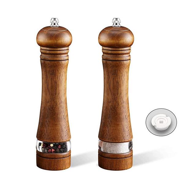 2-Piece Salt and Pepper Grinder Set, 8 Inch Wooden Salt and Pepper Mills with Adjustable Coarseness, Refillable Manual Pepper Mill Grinder for Home Cooks (Brown)