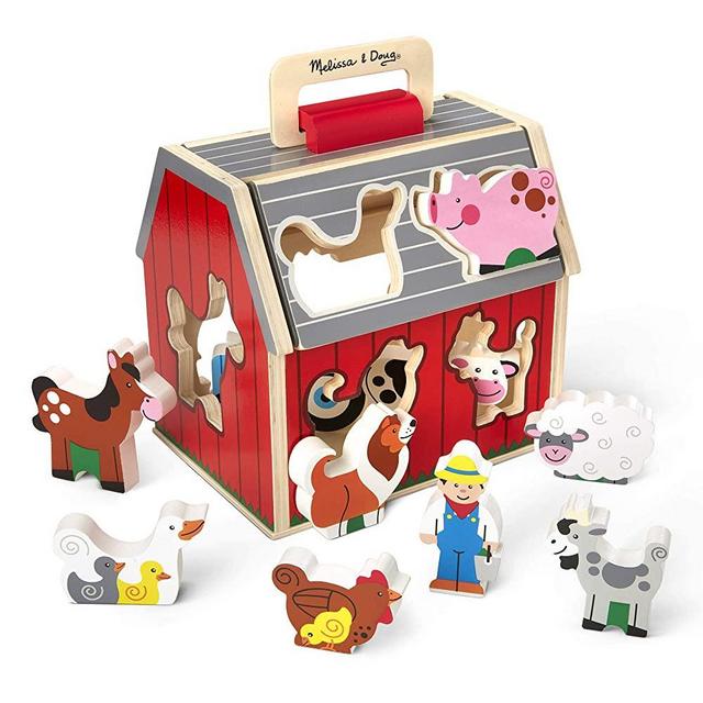 Melissa & Doug Wooden Take-Along Sorting Barn Toy with Flip-Up Roof and Handle 10 Wooden Farm Play Pieces
