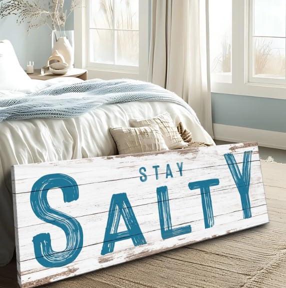Tailored Canvases Stay Salty Coastal Sign V - Coastal Wall Art Decor for Ocean Decor, Beach Decor, Coastal Decor for Indoor and Outdoor Beach Decoration for home, Bedroom and Living Room - 8x24