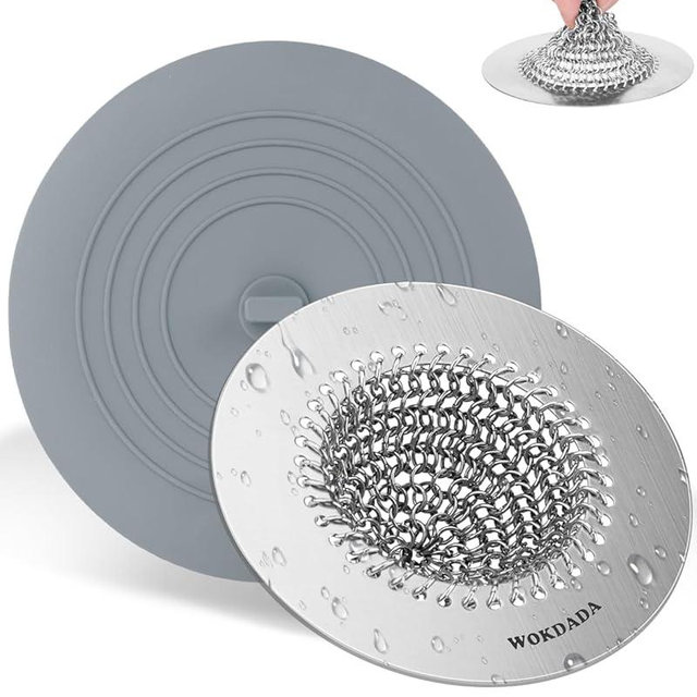 Wokdada Kitchen Sink Strainer and Stopper, Flippable Mesh Sink Strainer with 304 Stainless Steel, Easy Clean Large Basket Strainer, Anti-Clog Garbage Disposal Strainer & 5.9 Inch Flat silicone stopper