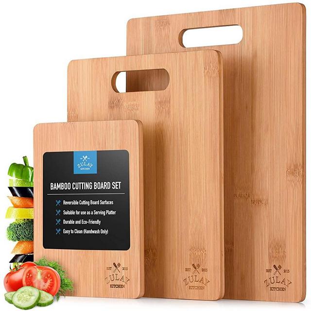 Zulay (3-Piece) Bamboo Wooden Cutting Boards For Kitchen - Premium 3 Assorted Sizes Wood Cutting Board For Cooking & Serving - Bamboo Cutting Board Set For Veggies, Meat, Cheese & More