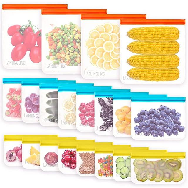 Reusable Food Storage Bags - 20 Pack BPA Free Freezer Bags (4 Reusable Ziplock Bags + 8 Reusable Sandwich Bags + 8 Kids Snack Bags), Super Thick, Leak Proof Resealable Silicone Bags for Meat Fruit