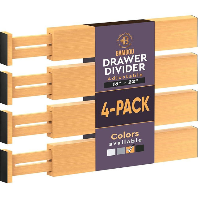 4 Pack Bamboo Drawer Dividers - 2.6 in High, Adjustable 16 to 22 in Expandable Drawer Organizers and Dresser Separators for Clothes, Bedroom, Bathroom, Kitchen, and Office Organization and Storage