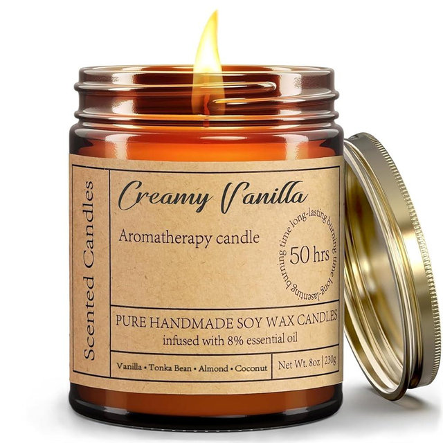Liofeve Creamy Vanilla Candles for Home Scented - 8oz Aromatherapy Candles for Women Mom Relaxation Anxiety Stress Relief, Calming Candles Gifts for Birthday Christmas Soy Wax Candle 50 Hour Burn Time