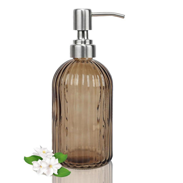 14Oz Brown Soap Dispenser Bathroom, Clear Glass Hand Soap Dispensers with Stainless Steel Pump, Refillable Dish Soap Dispenser for Kitchen, Countertop Soap Dispensers