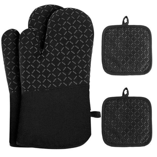 4 Pcs Oven Mitts and Pot Holders,Oven Glove High Heat Resistant 500 Degree,Long Oven Mitts with Recycled Cotton Infill and Silicone Non-Slip Surface for Baking,Kitchen,Cooking(Black)