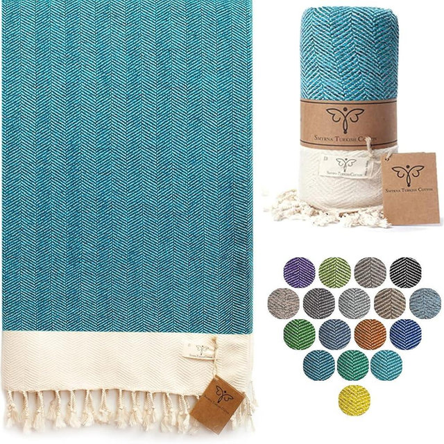SMYRNA TURKISH COTTON - Herringbone Series Original Turkish Beach Towel | Cotton, Prewashed, 37 x 71 Inches | Peshtemal and Turkish Bath Towel for SPA, Beach, Pool, Gym and Bathroom (Turquoise)
