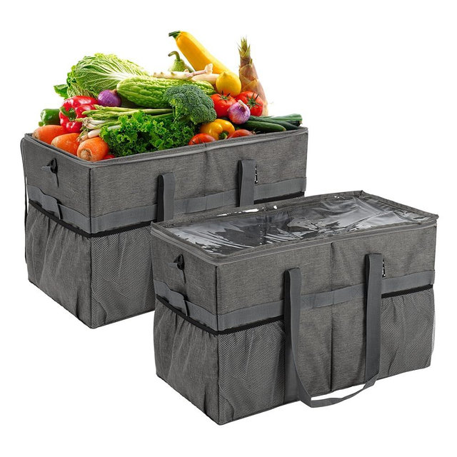 Finnhomy 2pk 53L Large Utility Tote Bag with Zippered Clear Lid, Collapsible Reusable Grocery Bag