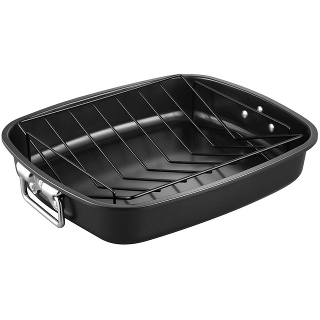 CHEFMADE Roasting Pan Set, 17-Inch Non-Stick Turkey Roaster Lasagna Pan with V Rack Rectangular Deep Dish Oven-BBQ Bakeware for Oven Baking 14.1" x 17.1" x 3.3" (Black)