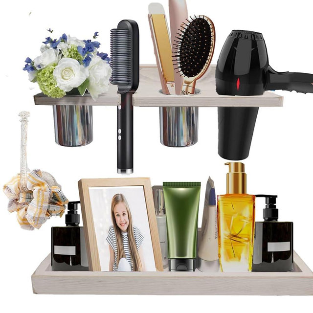 Ayxeute Wall-Mounted Hair Tool Organizer with Heat Resistance - Set of 2 Layer Rustic Blow Dryer Holder (White)