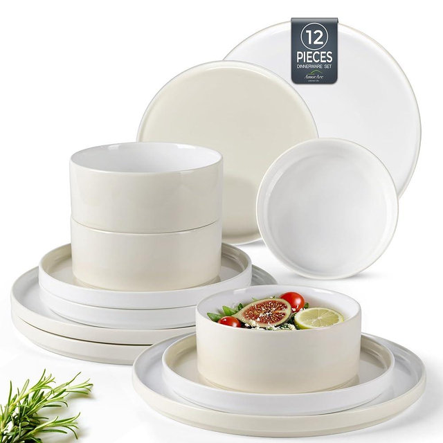 AmorArc Ceramic Dinnerware Sets for 4, Modern Stoneware Plates and Bowls Sets,Chip and Crack Resistant | Dishwasher & Microwave Safe Ceramic Dishes Set,Service for 4 (12pc)-Cream