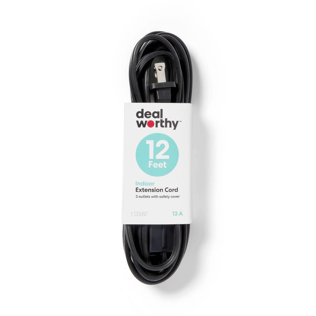 12' 3 Outlet Indoor Extension Cord Black - Dealworthy™