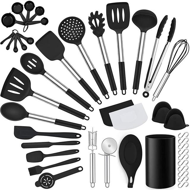 LIANYU 43 Pcs Kitchen Cooking Utensils Set, Silicone Cooking Utensils Spatula Set with Holder, Heat Resistant Kitchen Gadgets Tools for Nonstick Cookware Set, Stainless Steel Handle, Black