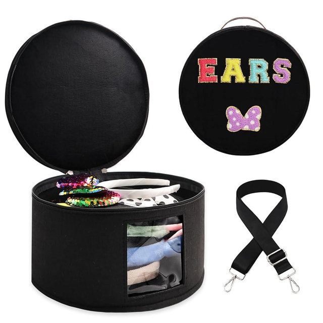 Chenille Letter Bow Mouse Ears Travel Case,Large Round Tiara Tote Storage Box,Headband Ears Display Storage Box with Shoulder Straps for Hairband,Tiara and Hair Accessories Storage Travel Picnic Park