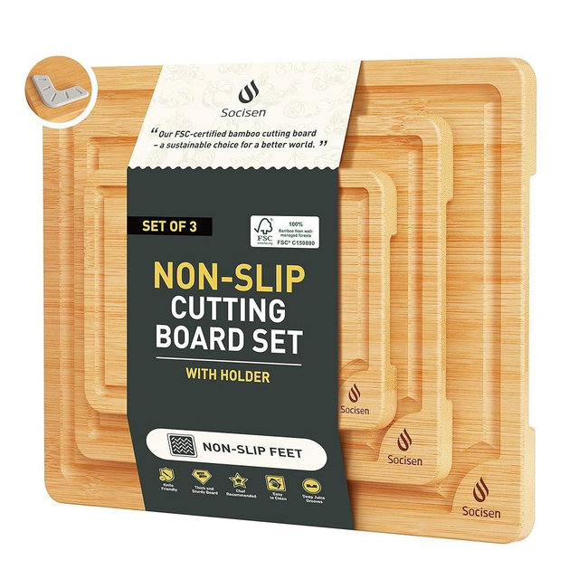 Bamboo Cutting Board Set Non Slip Feet with Holder Over Sink Kitchen Gadgets Charcuterie & Chopping Board Apartment Essentials New Home Must Haves Things Stuff Accessories House Housewarming Gifts