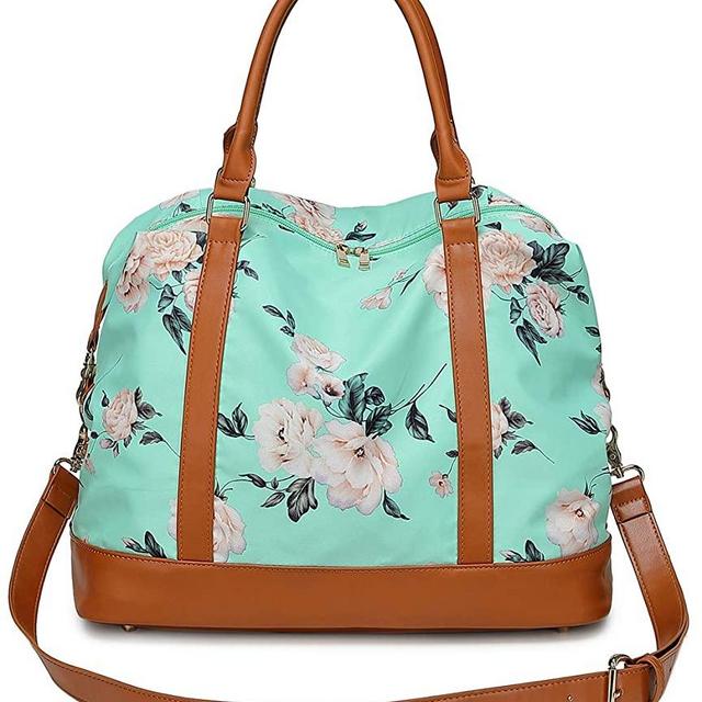 Women Ladies Weekender Bag Overnight Carry-on Tote Duffel in Trolley Handle (Floral-Turquoise)