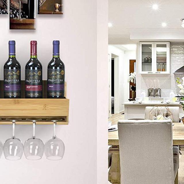 Sorbus Bamboo Wall-Mounted Wine Rack – for Wine Bottles & Stemware Glasses - Elegant Wood Storage for Kitchen, Dining Room, Bar, Wine Cellar