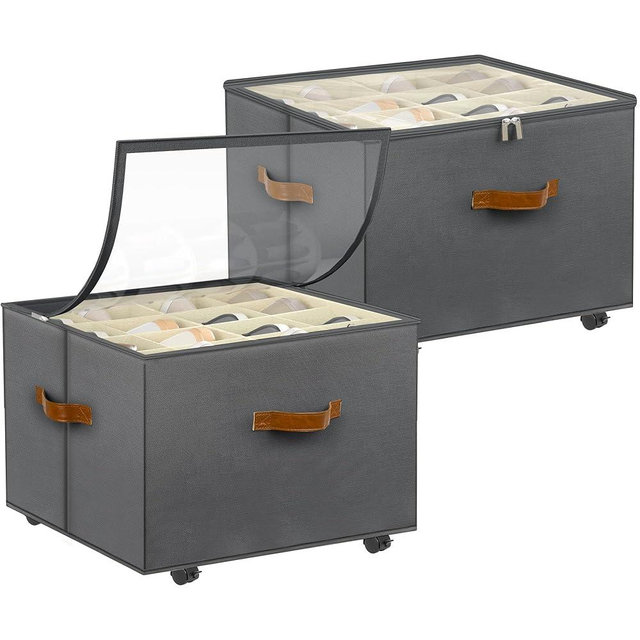 Foyego Shoe Organizer for Closet, 2 Pack Shoe Storage Organizer with Wheels and Adjustable Dividers, Stackable Shoe Storage Box with Clear Cover, Closet Shoe Organizer Fits up to 16-32 Pairs, Gray