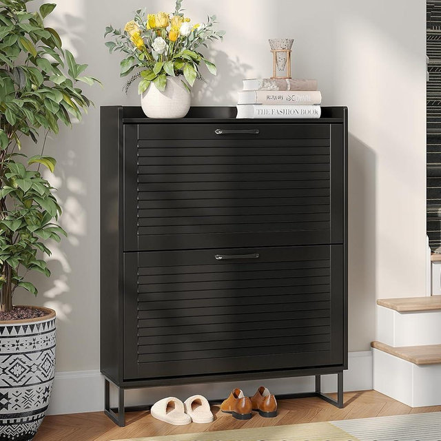 Maupvit Shoe Storage Cabinet with 2 Flip Louvered Doors, Freestanding Organizer with Metal Legs, Shoe Cabinet for Entryway, Narrow Shoe Rack Cabinet, Black