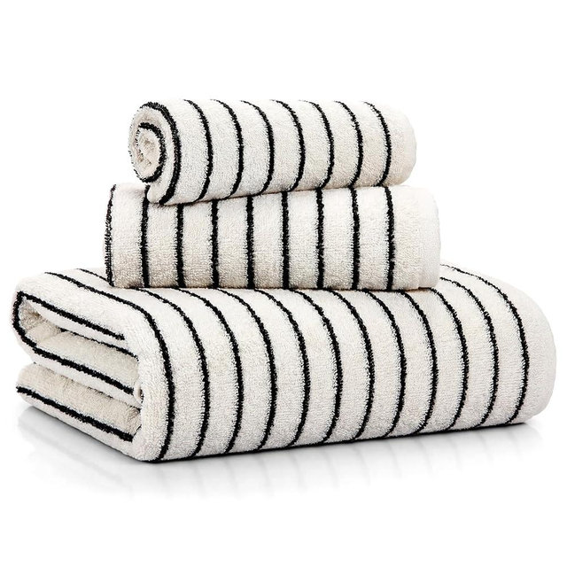 CrystalSylara 3 Pack Black and White Striped Bath Towels Set Cotton Absorbent Shower Towels for Bathroom Pool Spa Decor Contains Soft Bath Towel, Hand Cloth, and Wash Cloth