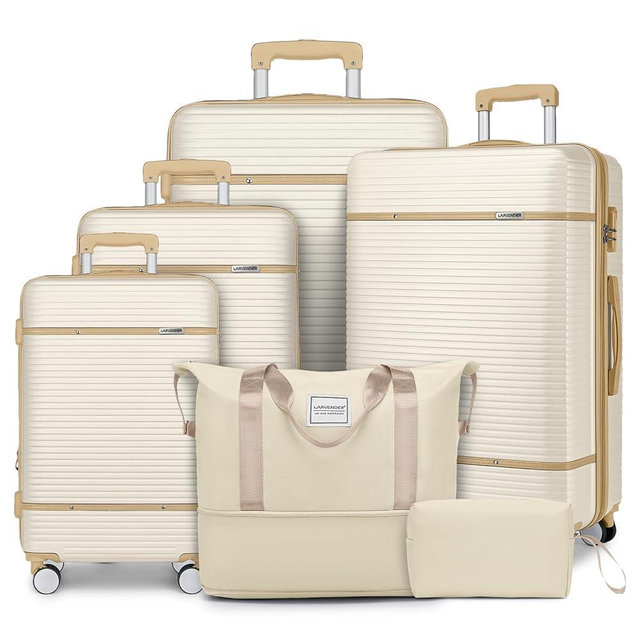 LARVENDER Luggage Sets 6 Piece, Expandable(Only 28 & 24") Luggage Set Clearance for Women, Suitcases with 360° Spinner Wheels, Hardside Travel Luggage with Duffel Bag, Cream