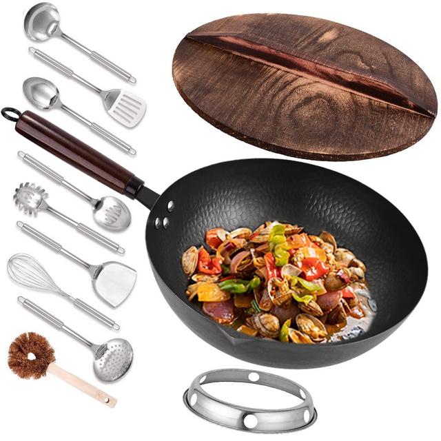Leidawn 12.8" Carbon Steel Wok - 11Pcs Woks and Stir Fry Pans with Wooden Handle and Lid,10 Cookware Accessories,For Electric,Induction and Gas Stoves