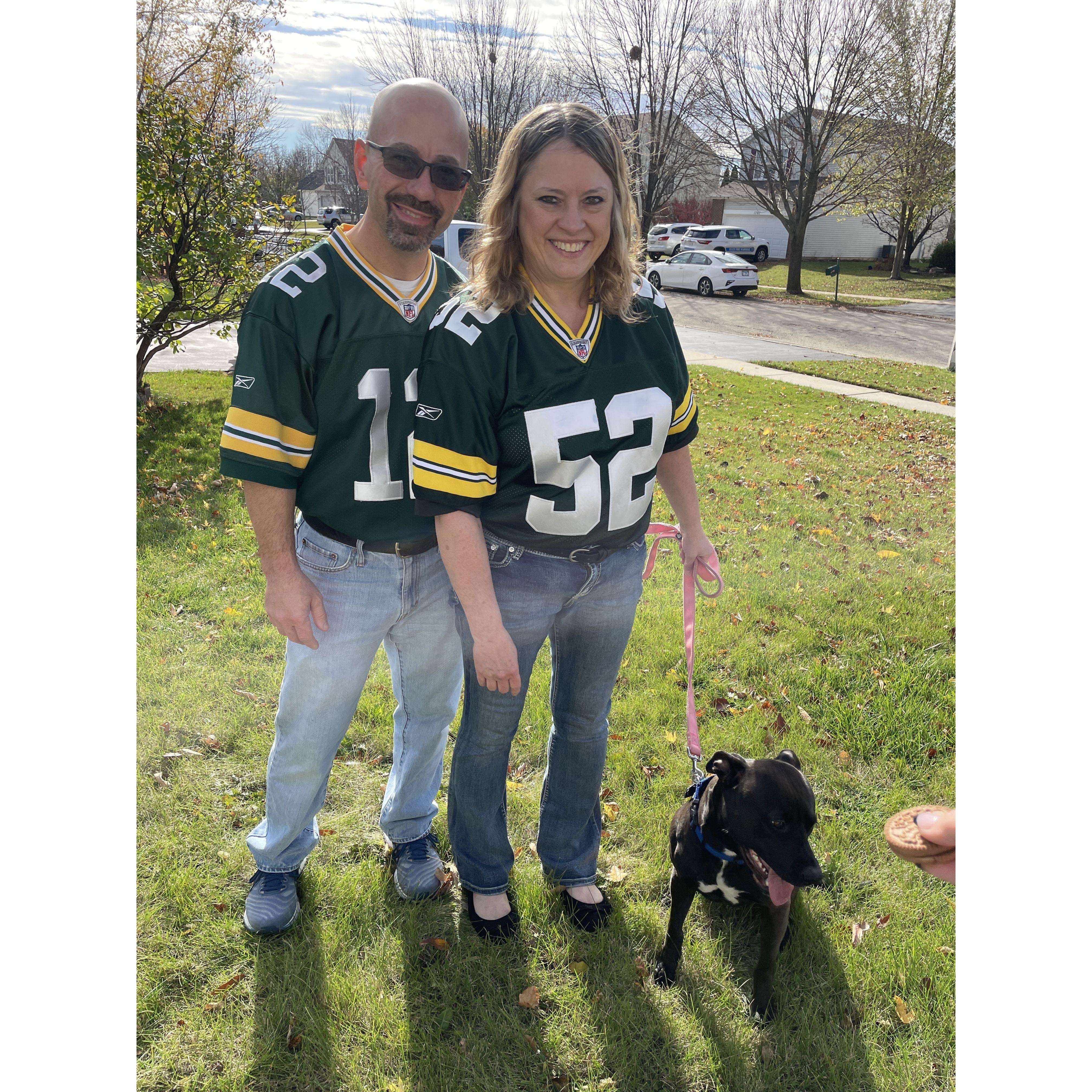 Go Packers!! A picture of us dressed for the game with Finn, Sheri's grand-pup.