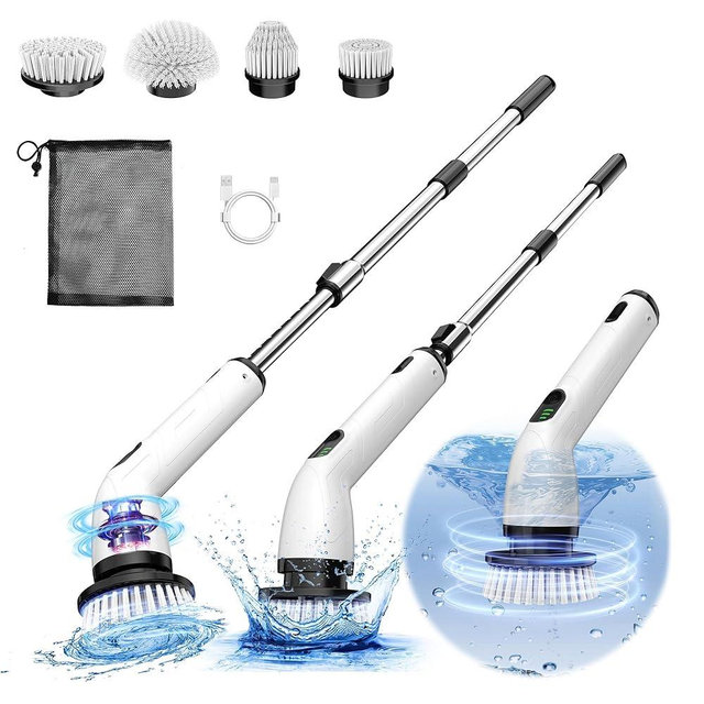 TUYU Electric Spin Scrubber, Full-Body IPX7 Waterproof Bathroom Scrubbe,4 Replacement Head for Adjustable Extension Handle Electric Cleaning Brush for Bathroom, Tub, Tile
