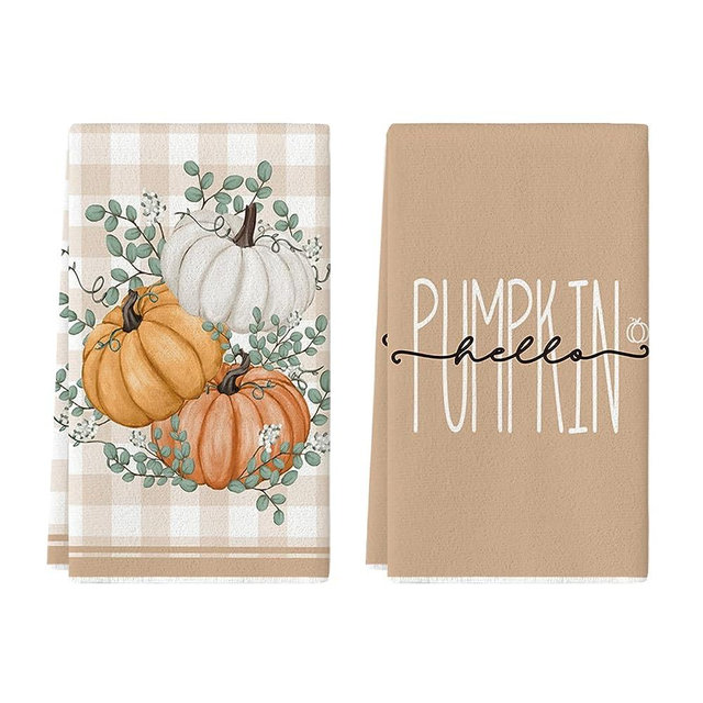 Artoid Mode Hello Pumpkin Eucalyptus Leaves Fall Kitchen Towels Dish Towels, 18x26 Inch Seasonal Decoration Hand Towels Set of 2