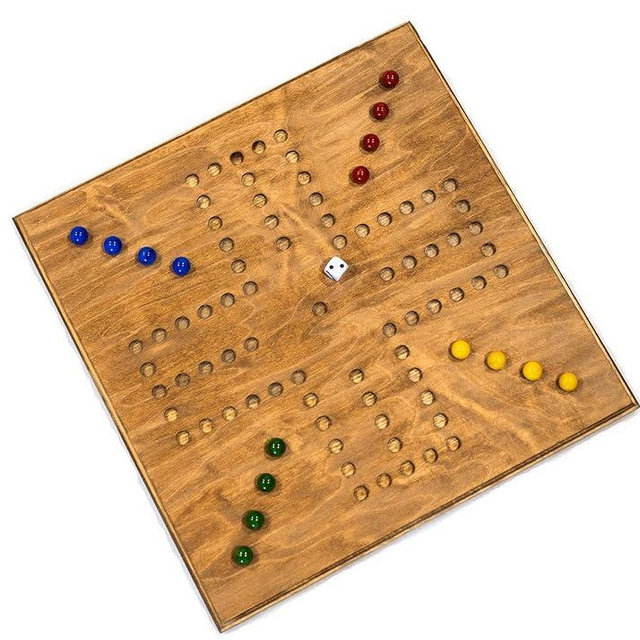 HANDMADE *** Real Wood *** WAHOO/MARBLES 16x16" BOARD with marbles & dice *** 4 player (Stained)