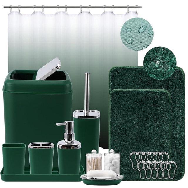 XLHOMO Dark Green Bathroom Accessories Set with Shower Curtain and No-Slip Bath Rugs,24PC Bath Sets with Trash Can, Toothbrush Holder, Cup, Soap Dispenser, Tray, Soap Dish, Toilet Brush, Qtip Holders