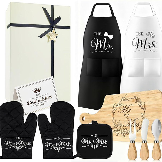 MEPIG Mr & Mrs Apron Gift Set for Couple Newlyweds Kitchen Gift Cutting Board, Microwave Mitt, Mat, Cheese Knife His Hers Husband and Wife Gift Wedding Anniversary Bridal Shower Engagement Gift