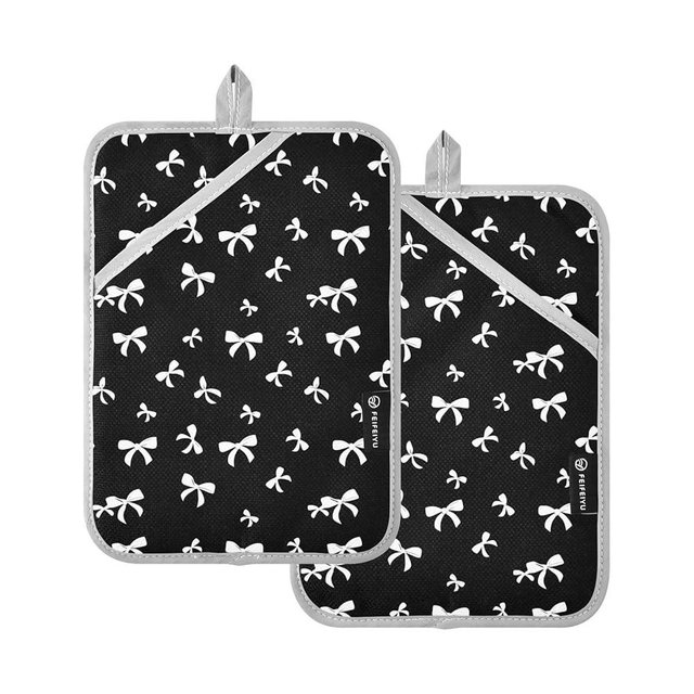 Ribbon Bow Knot Black Pot Holders for Kitchen Pot Holder Hot Pads Oven Mitts 2 Pcs Potholders Heat Resistant Trivets with Pockets for Baking Kitchen Accessories Hot Dishes Pans Cooking