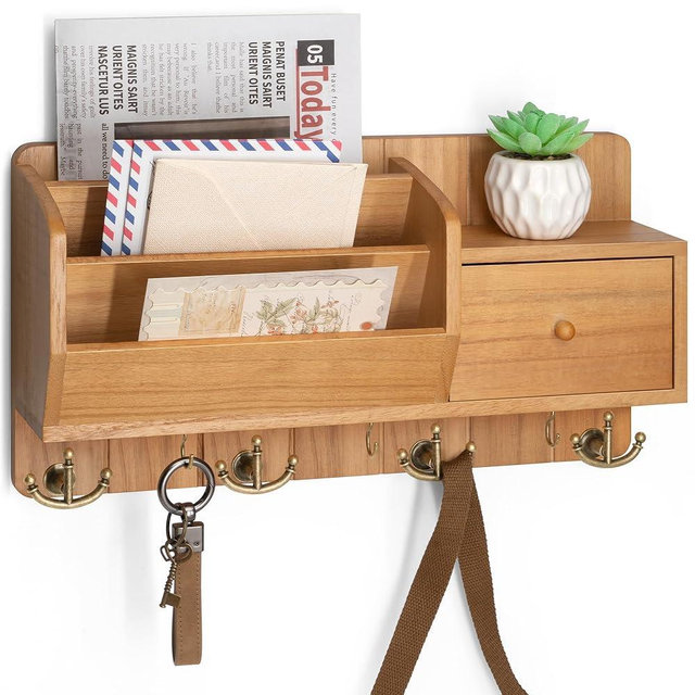 Rebee Vision Key Holder Wall Mount with Mail Organizer - Modern Farmhouse Key and Mail Holder for Wall with Wall Hooks and Drawer - Apartment Essentials for Home Decor Aesthetic(Light Brown)
