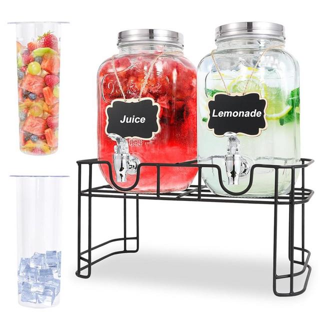 1 Gallon Glass Drink Dispensers For Parties-Set of 2,Drink Dispenser with Ice Core,Fruit Infuser & Stand,Juice or Beverage Dispenser for BBQ, Picnic, Party,Laundry Detergent Dispenser