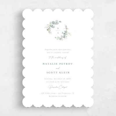 White Scalloped Wedding Invitation - Verde Wreath