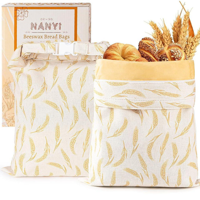 2-Pack Reusable Beeswax Bread Bags for Sourdough & Homemade Bread，Cotton Waxed Bags Keeps Fresh Longer(Golden Wheat)